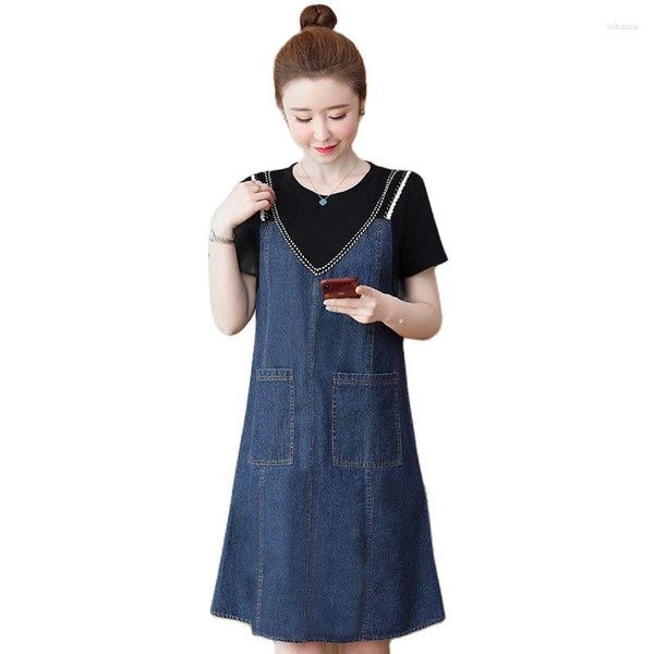 Abiti casual Moda Abito in denim a maniche corte Donna Big Size Allentato Versione coreana Abiti da donna Splicing Sling 2023