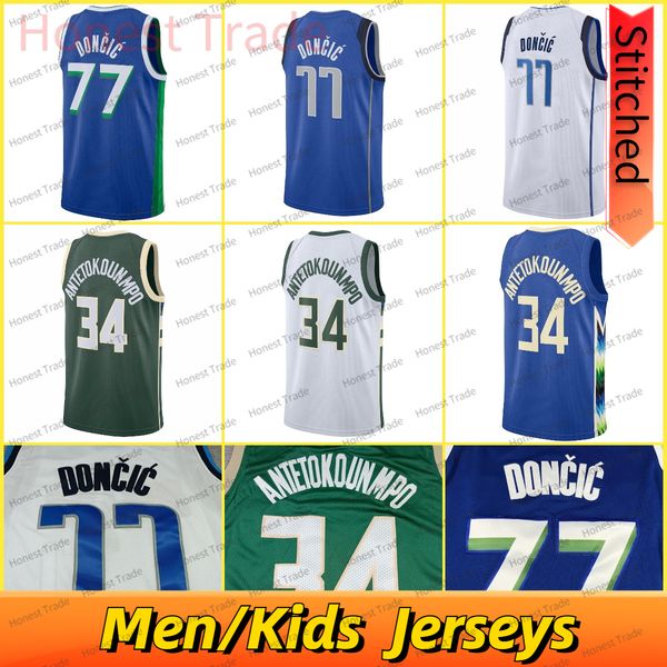 Neues Basketball-Trikot für Herren und Kinder, Luka 34, Giannis Doncic, genäht, Herren-Basketball, genäht, weiß, grün, blau, atmungsaktive Sportbekleidung #34 #77