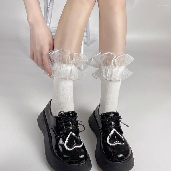 Meias femininas japonesas fofas kawaii com babados preto branco algodão doce meninas jk lolita estilo malha renda transparente com babados