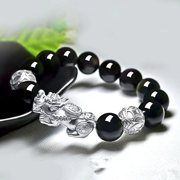 925 prata vintage pixiu 8mm frisado pulseiras masculinas e femininas estilo étnico moda lazer obsidiana corda corrente pulseira jóias atacado