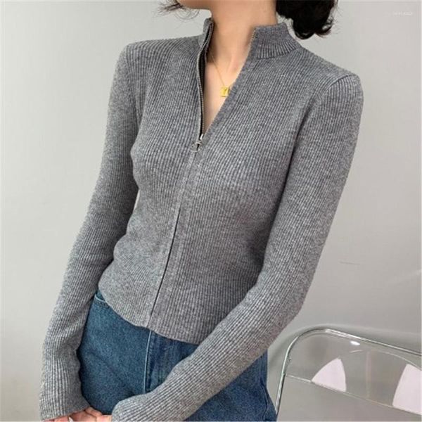 Frauen Strick Herbst 2023 Koreanische Dünne Tops Elegante High Neck Zipper Gestrickte Pullover Frauen Solide Grund Abgeschnitten Strickjacke Winter mode