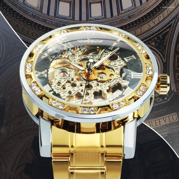 Armbanduhren Gold Transparent Skelett Mechanische Uhr Für Männer Mode Diamant Luxus Uhren Stahlband Leuchtende Unisex