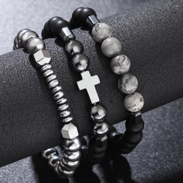 Bracelets de charme 3pcs / Set Cross Border Amazon Bracelet Soucoupe Volante Noir Gallstone Rétro Carte Pierre Corde Élastique