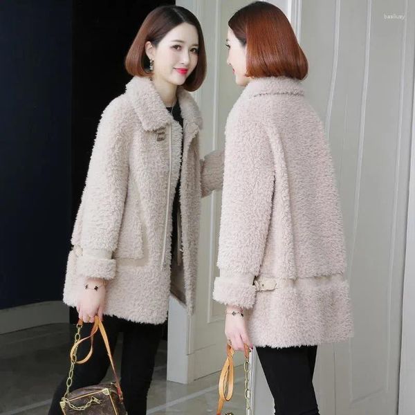 Женское меховое пальто 2023, зимнее пальто для стрижки овец, женское теплое пальто из плотной овечьей шерсти, длинная свободная куртка из искусственного корейского языка