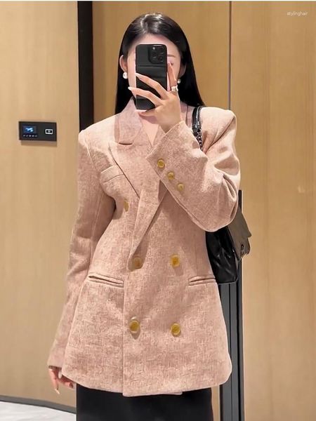 Ternos femininos unxx 2023 coreano retro malha olhar duplo breasted blazer jaqueta feminina elegante emagrecimento cintura estofamento ombro meados longo