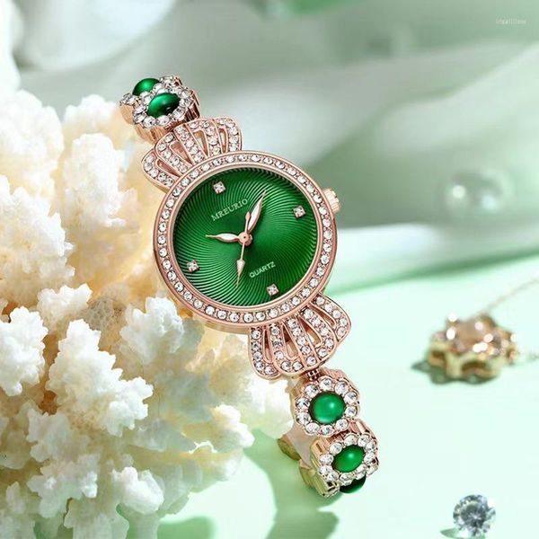 Orologi da polso da donna al quarzo di lusso con corona e orologio da polso per il tempo libero e la moda, orologi con pietre preziose verdi