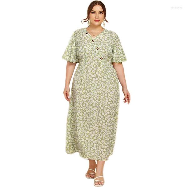 Roupas étnicas Plus Size Mulheres Muçulmanas Vestido Longo Floral Impressão Árabe Abaya Ramadan Islâmico Kaftan Verão Manga Curta Casual Solto