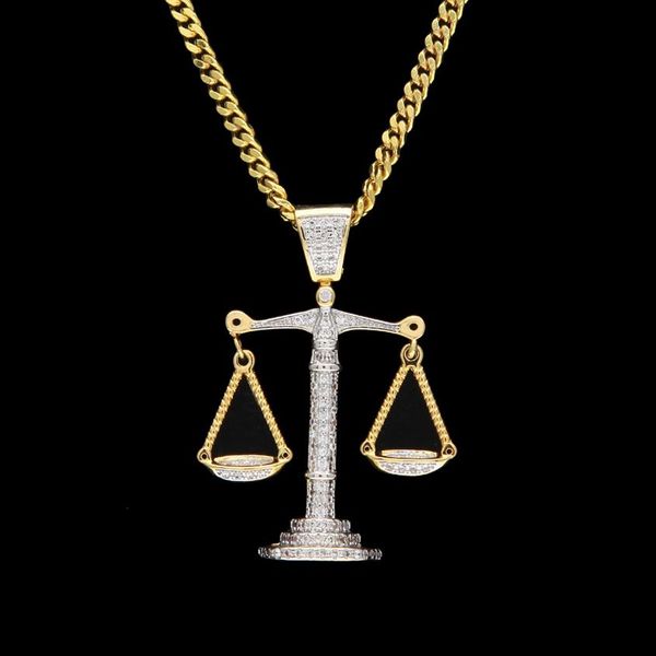 Collana con pendente in scala di bilancia con zirconi ghiacciati, in argento, oro, rame, materiale, collana hip hop da uomo catena267C