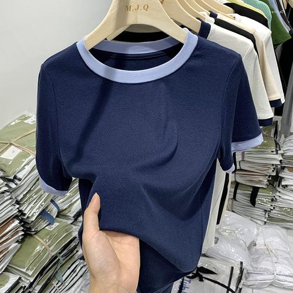 Magliette da donna all'ingrosso tinta unita manica corta o collo crop top camicia estiva da donna a contrasto di colore basic sexy slim semplici top sottili