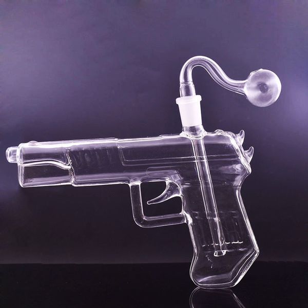 Bong in vetro dal design unico Tubi per fumatori a forma di pistola Dab Oil Rigs Bong d'acqua Riciclatore Bubbler Catcher cenere con tubo per bruciatore a olio in vetro maschio da 14 mm Più economico Dhl gratuito