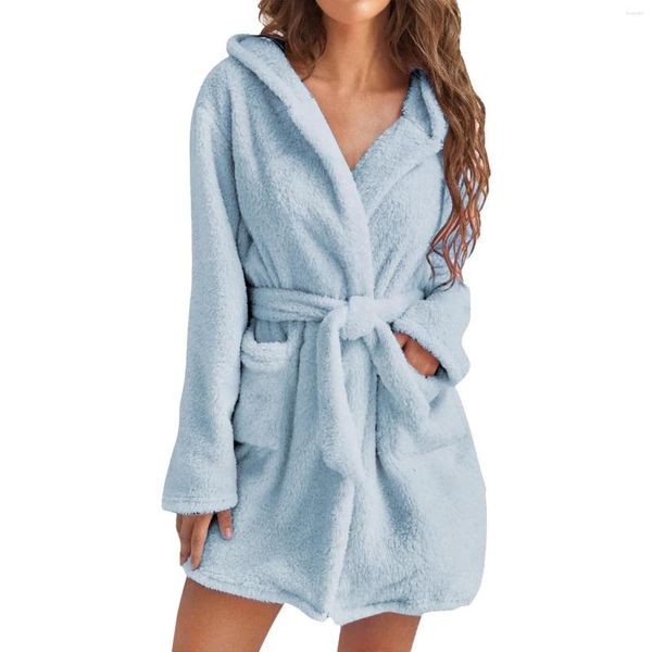 Pijamas femininos cor sólida manga comprida bolso com capuz joelho camisas noturnas para mulheres vestidos confortáveis para dormir