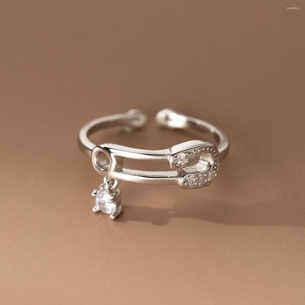 Anéis de cluster Real 925 Sterling Silver Pin de segurança com zircão delicado clipe de papel aberto anel de dedo jóias finas para mulheres