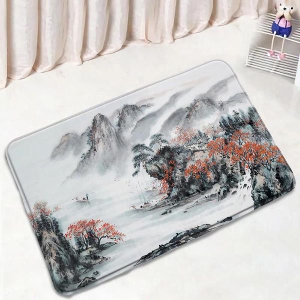 Tapetes de banho Montanha Cenário de Água Tapete Estilo Chinês Pintura de Tinta Paisagem Sala de Estar Tapete Absorção Não-Slip Banheiro