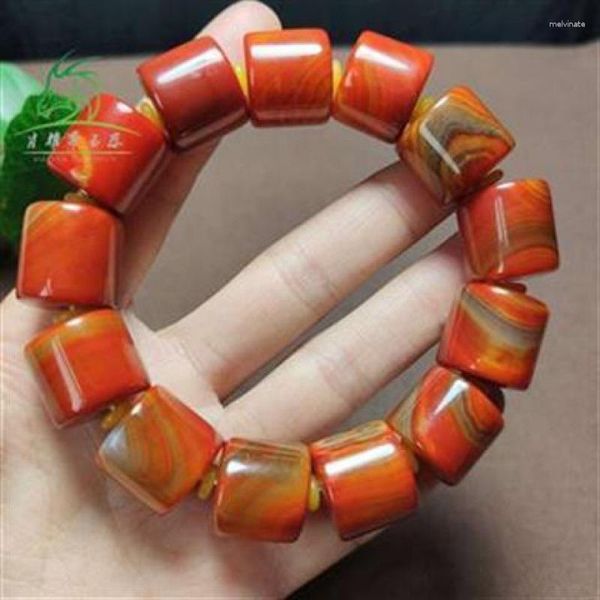 Subasta de brazalete Envuelto Ágata de seda Cubo Estados en guerra Rojo Cadena de mano de 16 mm Pulsera de piedra original para hombre Cuentas asistidas por tambor ondulado