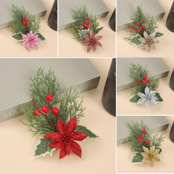 Dekorative Blumen, 2 Stück, künstliche rote Beeren, Weihnachten, Kiefernnadeln, Kunststoff, Basteln, DIY, Weihnachtszweige, Zubehör, Jahresdekoration