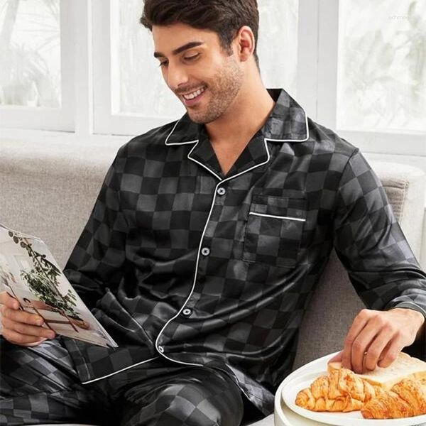 Pijamas masculinos terno feminino calças conjunto de seda cetim casal casa loungewear sono longo duas peças tamanho xadrez pijamas masculino mais