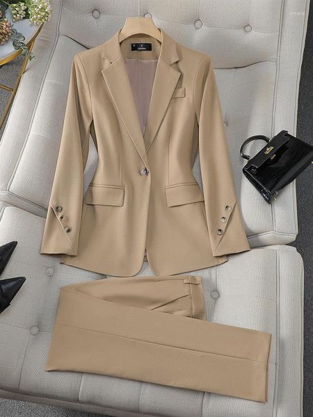 Zweiteiliger Damen-Hosenanzug, Blazer, Grau, Khaki, Büro-Damen-Arbeitskleidung, formelle Jacke und Hose, lange Ärmel, schmal, weiblich, 2er-Set