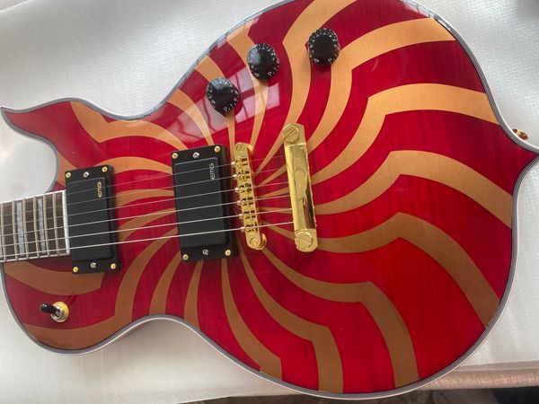 В наличии Wylde Odin Grail Crimson Red Gold Buzzsaw Flame Maple Top Электрогитара Инкрустация большим блоком Grover Tuner Китай Звукосниматели EMG Золотое оборудование