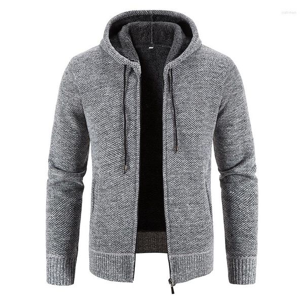 Camisolas masculinas inverno grosso cardigan camisola dos homens com capuz moda quente fino ajuste de malha masculino velo hoodies casacos