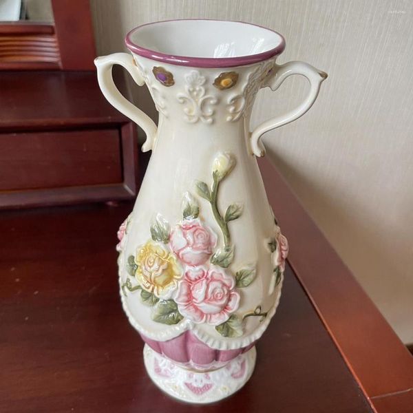 Vasos Binaural Rose Europeu Vaso de Cerâmica Flor Artesanato Moda Decoração de Casa Sala de Estar