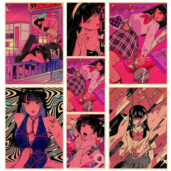 Resimler INS Japon anime dekoratif posterler çizgi film tatlı kız diy duvar sticker retro poster kraft kağıt baskılar kawaii oda dekor hediye 230928