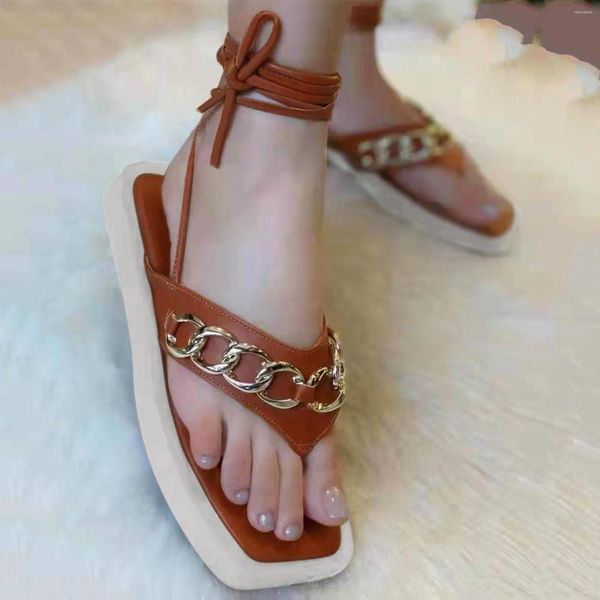 Sandalen Damen Mode Leder Clip Zehenkette Knöchelriemen Strand