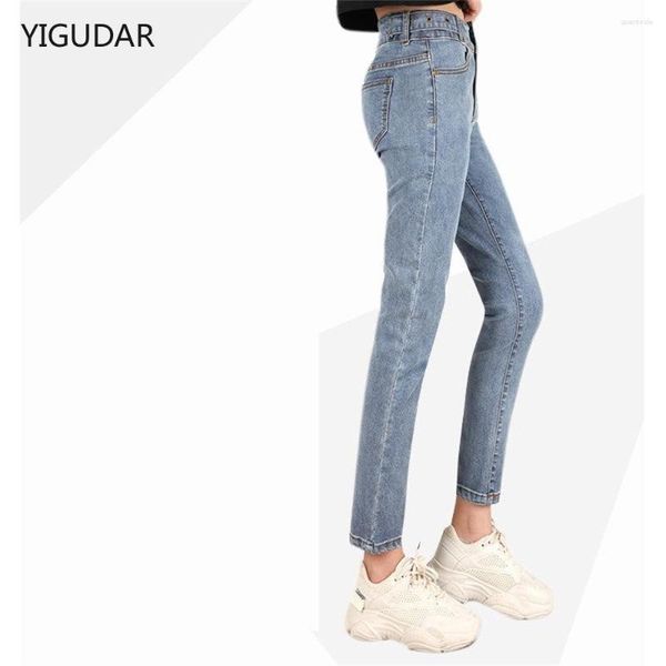 Jeans da donna a vita alta in velluto spesso femminile invernale skinny elasticizzato pantaloni caldi mamma pantaloni in denim blu con pile
