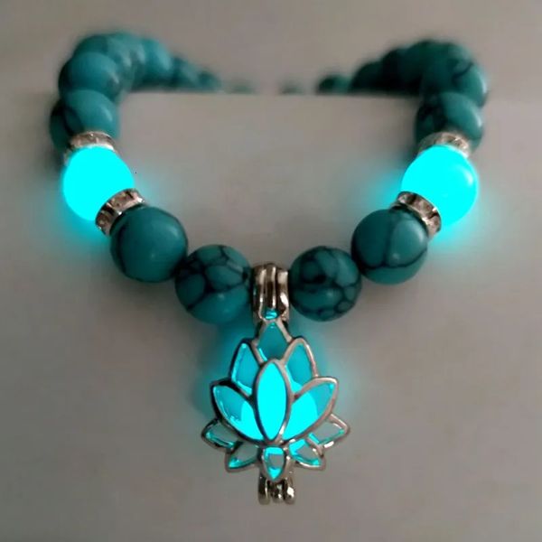 Pulseira de pedra natural pulseira yoga cura brilho luminoso no escuro lótus charme grânulos para homens mulheres oração budismo 230928