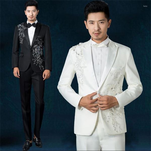 Abiti da uomo Nero Bianco Blu Rosso Parquet Fiori 2023 Arrivo Paillettes Suit Set Mens Wedding Groom Men Slim Fit Pant Tie