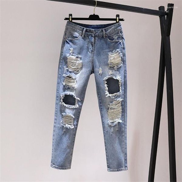 Calças de brim femininas 2023 coreano buraco jeanswomen primavera verão solto bf cintura alta denim calças femininas em linha reta nove pontos calças de cowboy