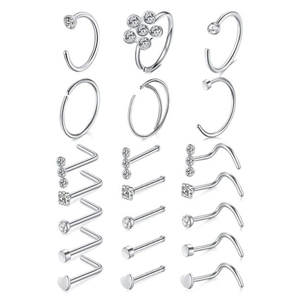 Anéis de nariz Hoop L Forma Studs Aço Inoxidável Parafuso Osso Flat Top Diamante Opala Coração Alta Narina Piercing Jóias para Mulheres Men212f