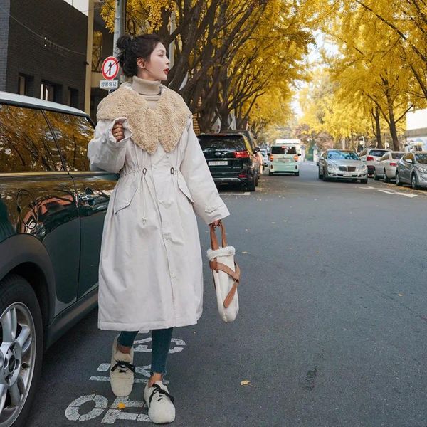 Feminino para baixo estilo pele de cordeiro destacável chapéu parker casaco versão coreana solto mais veludo grosso ferramentas jaqueta de inverno