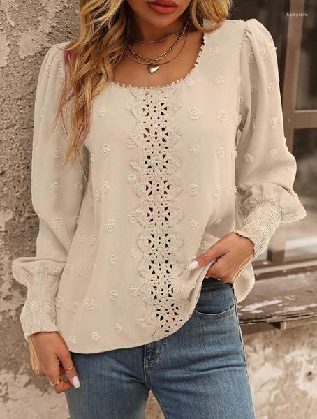 T-shirt da donna Camicetta da donna di moda 2023 Autunno Casual Pullover Girocollo Manica a palloncino Camicia di pizzo con patch a pois grandi