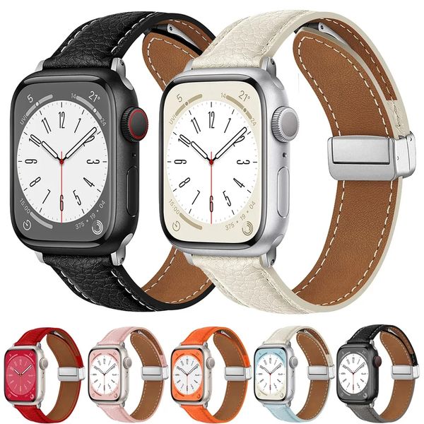 Pulseira de couro luxuosa com fivela magnética para Apple Watch 9 8 45mm 41mm Ultra 2 49mm Geniune Leather Band iWatch Series 7 6 5 38mm 41mm 40mm para mulheres