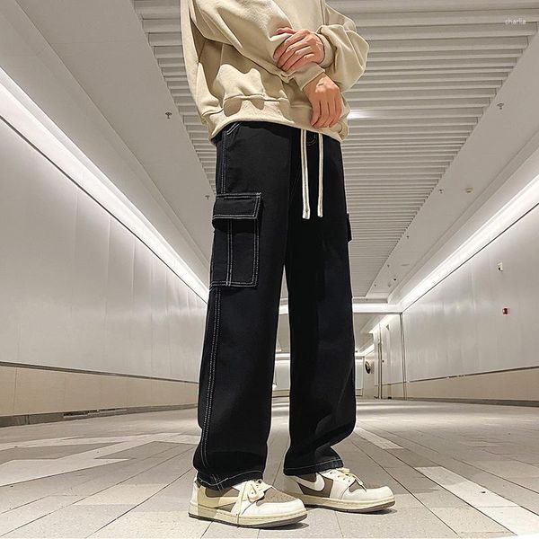 Männer Jeans Fracht Große Tasche Hosen Männlichen Denim Hosen Breites Bein Hose Lose Neutral Casual Street Hip Hop Harajuku 2023