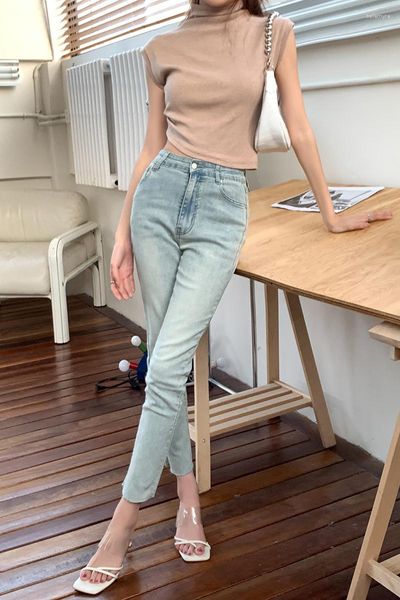 Женские джинсы голубого цвета с высокой талией длиной до щиколотки, летние простые стильные женские джинсовые брюки прямого кроя для молодых девушек