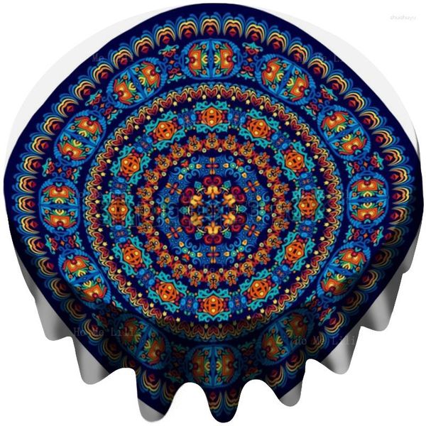 Tischdecke, ethnisch, bunt, floral, Mandala, Vintage, dekoratives Kreisdesign, nahtloses abstraktes Muster, runde Tischdecke von Ho Me Lili
