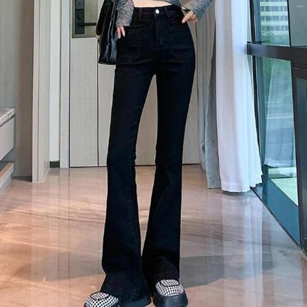 Jeans femininos outono mulheres calças de carga cintura alta solta ajuste perna reta com grandes bolsos gradientes denim mulher roupas