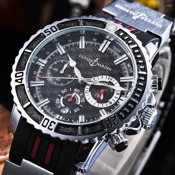 Нарученные часы Quartz Watch Men Fashion Black Ulysse Luxury Quality Calure Trind Dist Dial Уникальные ремешки мужские часы Relogio 717