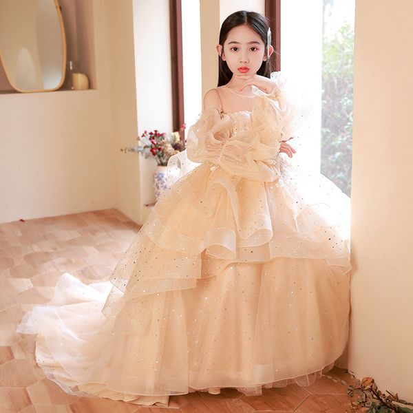 Bella ragazza di fiori abiti lunghezza della gonna stanca tulle applique prua bambini formale per bambini prima comunione brillante abito da ballo da ballo da ballo principessa abito da matrimonio 403 403