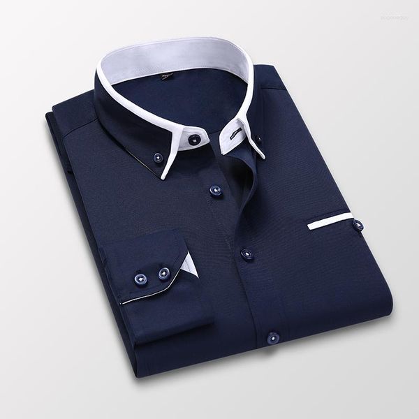 Camicie eleganti da uomo Stile coreano Camicie casual a maniche lunghe primaverili da uomo/Camicie da lavoro di fascia alta slim fit maschili/Taglie forti S-5XL Nero Bianco