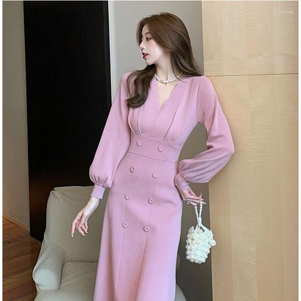 Повседневные платья женские корейские узкие осенне-зимние платья-свитеры с v-образным вырезом длиной до колена офисные женские шикарные платья длинные фиолетовые