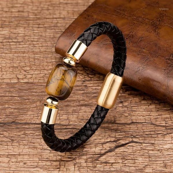 Braccialetti con ciondoli Gioielli da uomo di moda Fatti a mano Pietra ovale naturale Vera pelle Chiusura magnetica in acciaio inossidabile dorato per uomo Bang3418