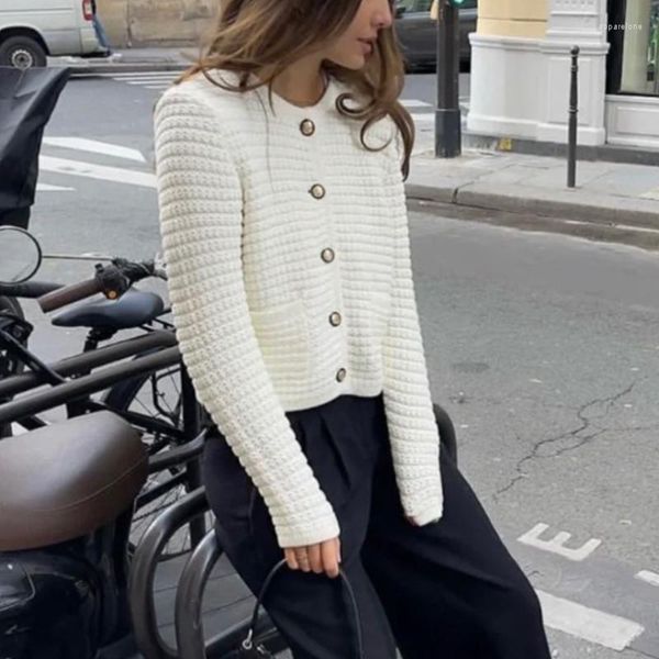 Malhas femininas chique manga longa cashmere cardigan para mulher 2023 elegante sólido o pescoço casaco de malha moda solta bege outwear