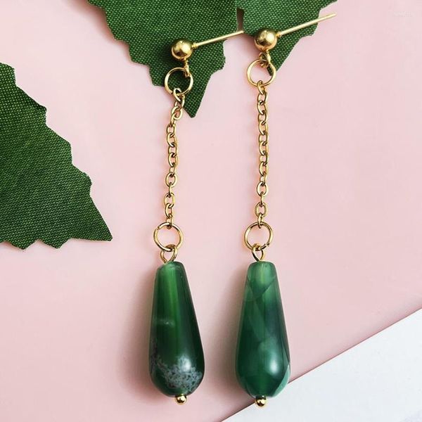 Dangle Earrings Boho Green Natural Stone For Women Handmade Stainless Steel Link Chain Pendant Jewelry Statement Earring