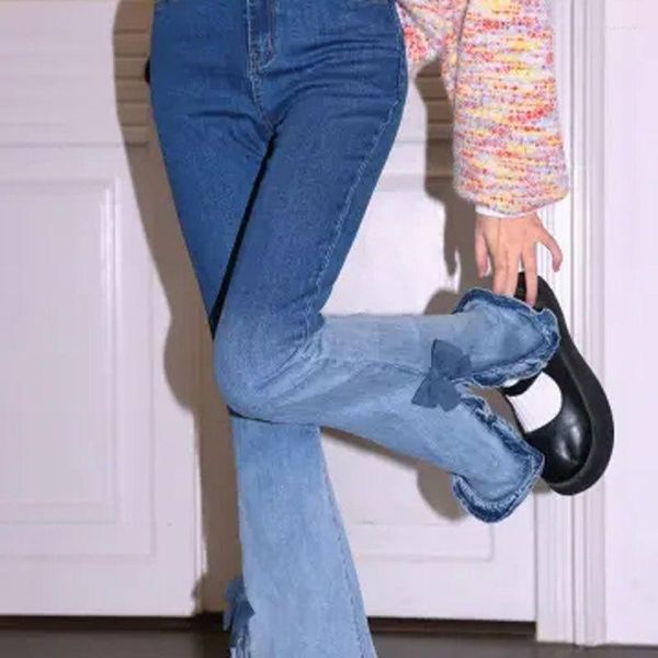 Jeans da donna Pantaloni svasati con fiocco dolce Kawaii Donna Colore puro Slim stile giapponese Estate 2023 Pantaloni in denim vintage a vita alta Chic