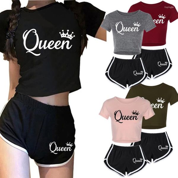 Mulheres Tracksuits Verão Mulheres Carta Impresso Tracksuit 2 Peça Set Sports Wear Shorts Crop Tops Calças Outfit Sexy Terno Feminino 2023