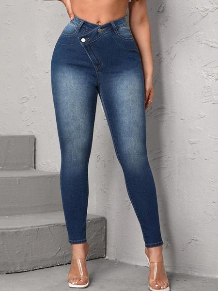 Jeans da donna LW COTTON Pantaloni skinny a vita media elasticizzati asimmetrici lavati in denim effetto consumato Pantaloni classici casual slim fit