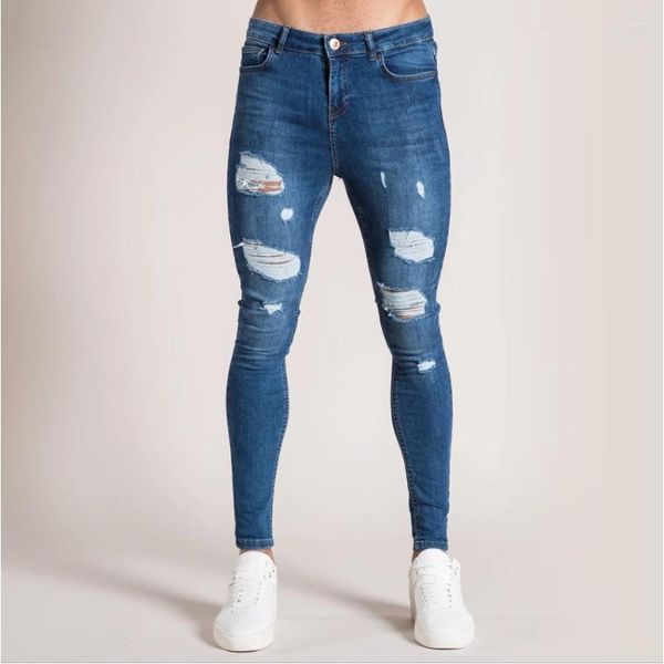 Jeans masculinos sexy homens cintura alta buracos lápis magro calças jeans longas