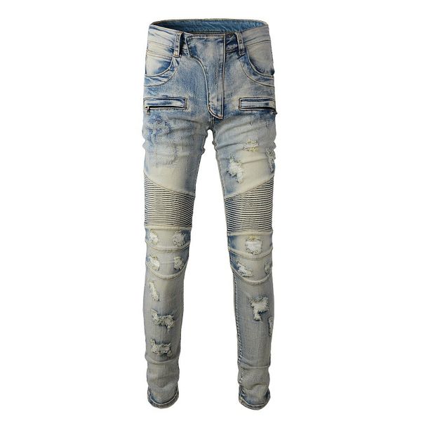 Jeans da uomo di moda di High Street Retro blu elastico slim fit jeans da motociclista strappati distrutti pantaloni da uomo hip-hop di marca con patch pieghettata